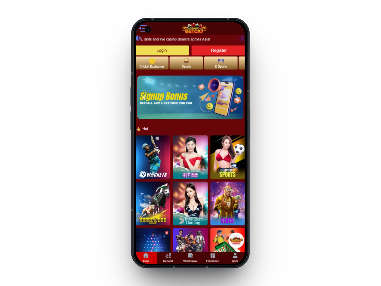 BetCX7 mobile app screen